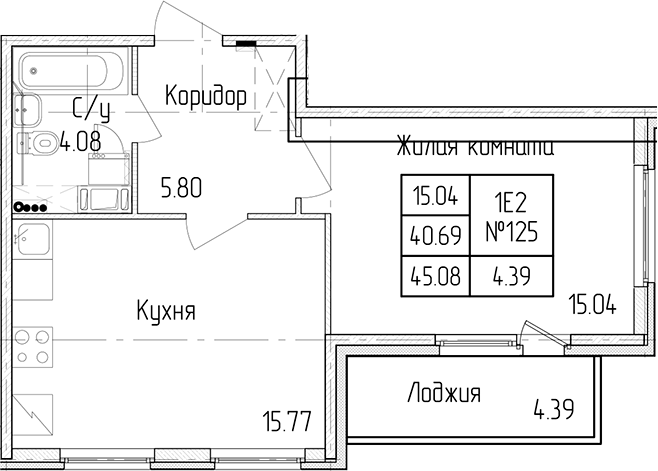 1-комнатная квартира 40.69 м², 2/4 эт., ЖК «Любоград в Стрельне»